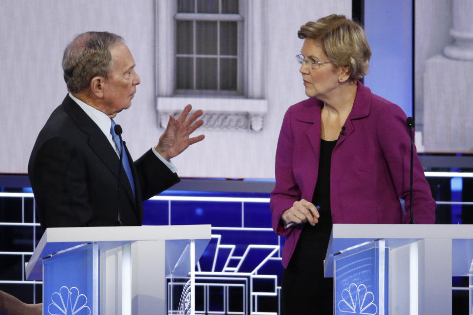 Sen. Elizabeth Warren (D-Mass.) wasn't the only one to take a jab at debate stage newcomer Mike Bloomberg, but she hit him early and hard. (Photo: John Locher/ASSOCIATED PRESS)