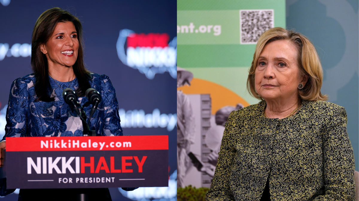 On the left, a woman is smiling wearing a blue dress in front of a blue podium that says Nikki Haley For President. On the right, a white woman is sitting down. 