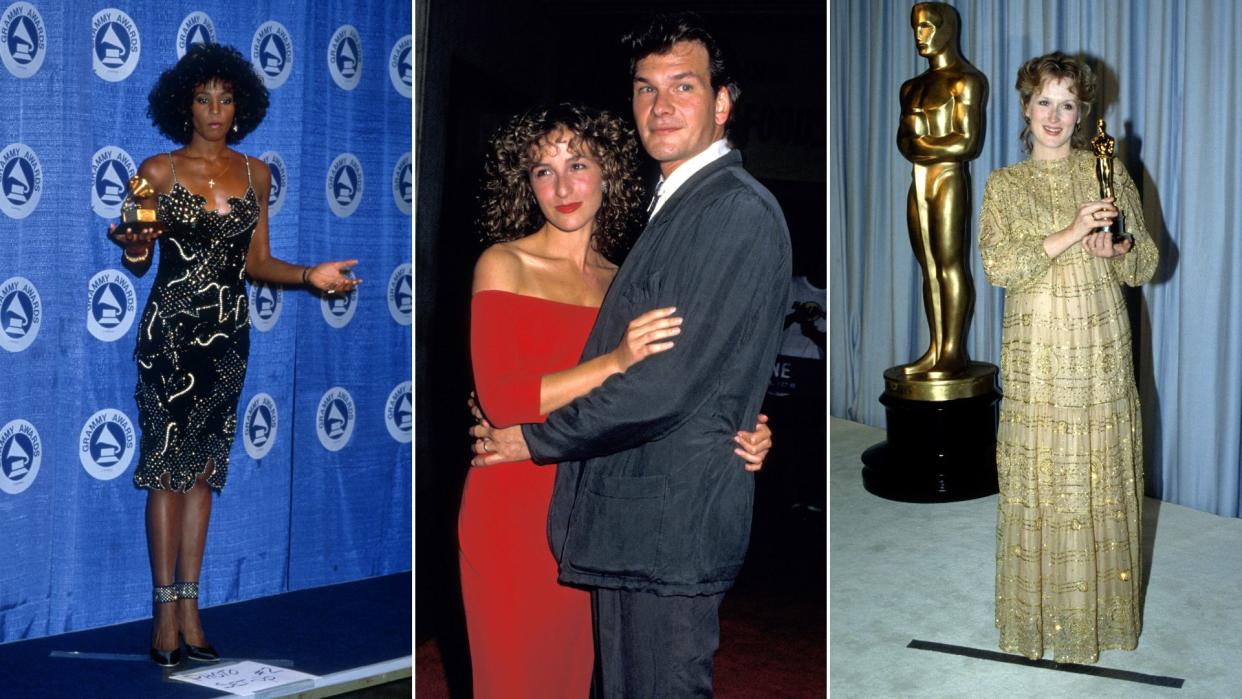  A composite of the best red carpet looks of the 80s featuring Whitney Houston, Jennifer Grey and Patrick Swayze and Meryl Streep. 