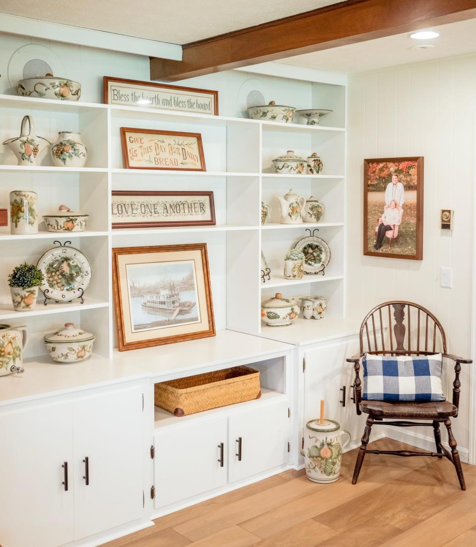 These built-in shelves at this home in Russell Springs, Kentucky are filled with Louisville Stoneware pieces.