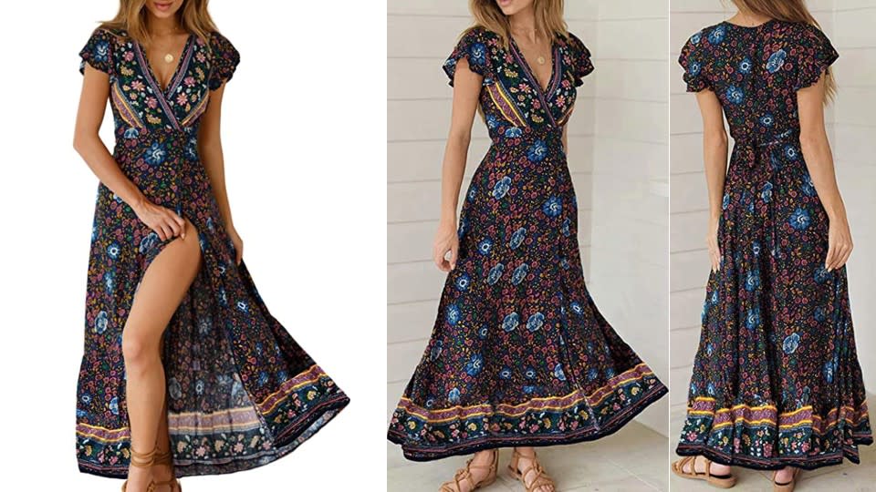 ZESICA Women&#39;s Bohemian Floral Printed Wrap Maxi Dress - Amazon, from $27
