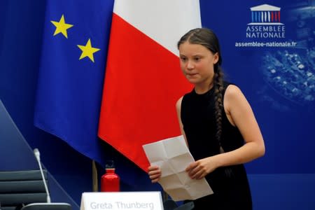 Swedish environmental activist Greta Thunberg attends a debate with French parliament members at the National Assembly in Paris