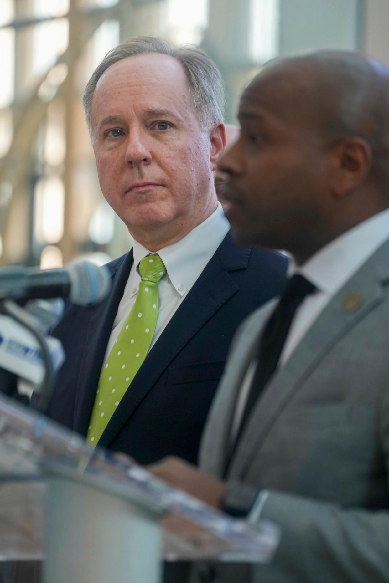 Speaker Vos looks over at Milwaukee Mayor Cavalier Johnson after he makes remarks Thursday, April 27, 2023, during the release of a shared bipartisan revenue proposal giving more state aid to local communities at the Wisconsin Center in Milwaukee. Ebony Cox / Milwaukee Journal Sentinel