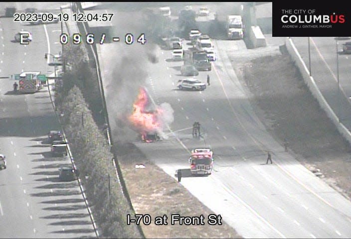 A tractor-trailer caught fire on Interstate 70 near Downtown Columbus on Tuesday afternoon.