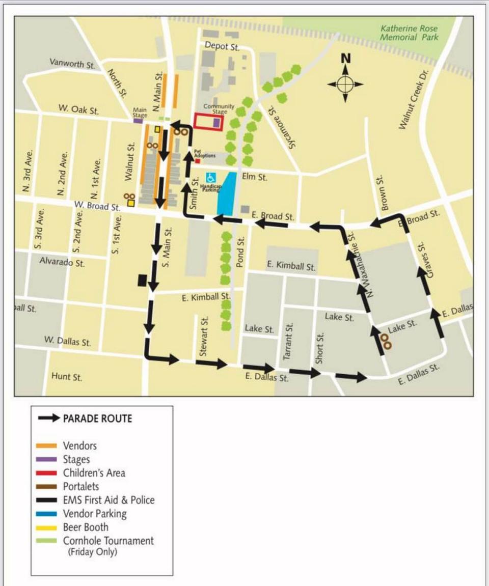 Map of pickle palooza’s parade. Featuring parade path, runners path, ,vendors, and activities.