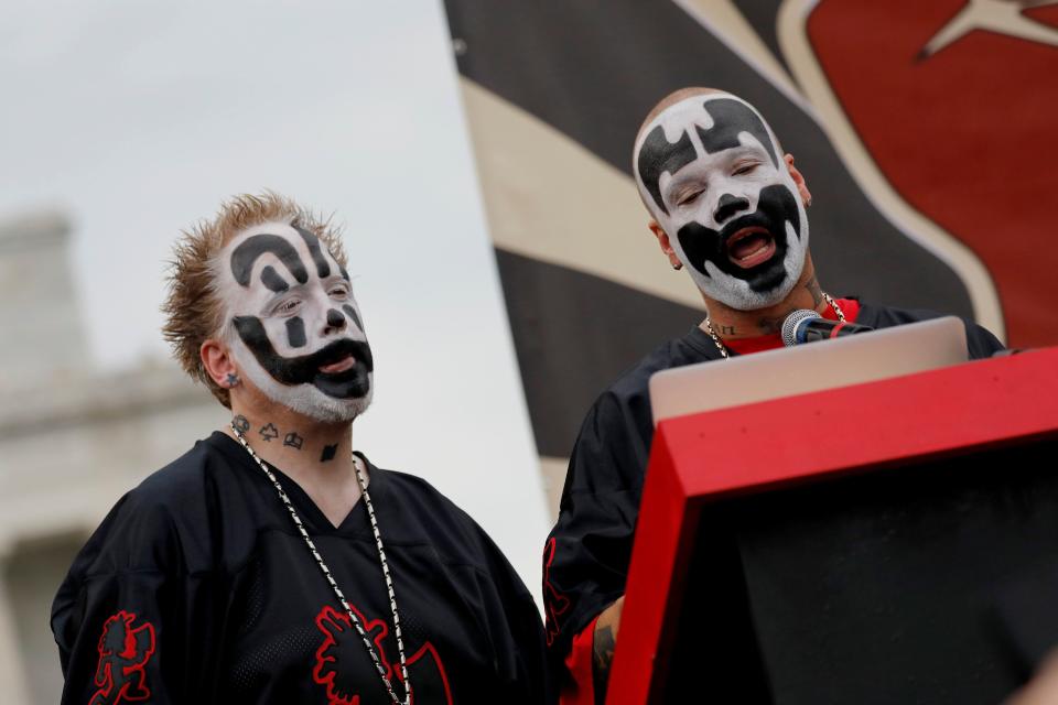 Insane Clown Posse members Joseph Utsler, known by his stage name Shaggy 2 Dope, and Joseph Bruce, known by his stage name Violent J, speak during the Juggalo March in Washington on Sept. 16, 2017.  (Aaron Bernstein / Reuters)