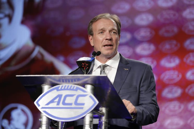 Florida State coach Jimbo Fisher wasn’t bashful at ACC Media Days. (AP Photo/Chuck Burton)