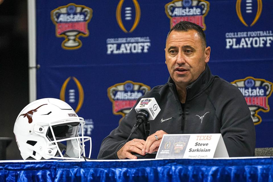 Texas Longhorns head coach Steve Sarkisian speaks to media during Texas Media Day at the Superdome on Saturday, Dec. 30, 2023 in New Orleans, Louisiana. The Texas Longhorns will take on the <a class="link " href="https://sports.yahoo.com/ncaaf/teams/washington/" data-i13n="sec:content-canvas;subsec:anchor_text;elm:context_link" data-ylk="slk:Washington Huskies;sec:content-canvas;subsec:anchor_text;elm:context_link;itc:0">Washington Huskies</a> in the College Football Playoff Semi-Finals on January 1, 2024.