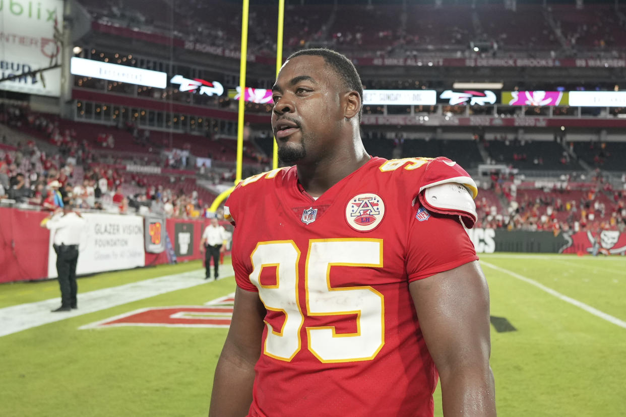 Kansas City Chiefs defensive tackle Chris Jones (95) was on the wrong end of a bad roughing the passer call. (Peter Joneleit via AP)