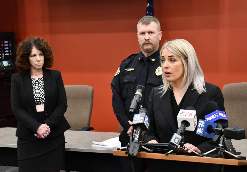 Police are still looking for a third suspect involved in a triple homicide that involved two children Tuesday, Lebanon District Attorney Pier Hess Graf said in a press conference Thursday morning. "There are three people involved with the shooting," she said. "Two are in custody, two are charged identically."