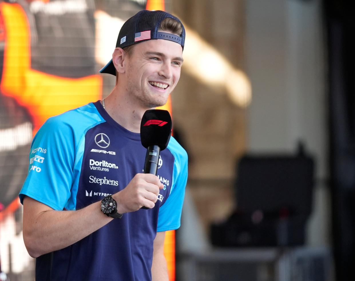 Williams Racing driver Logan Sargeant of United States talks to fans at the Driver Engagement event at the Formula 1 Lenovo United States Grand Prix at Circuit of the Americas on Friday October 20, 2023.