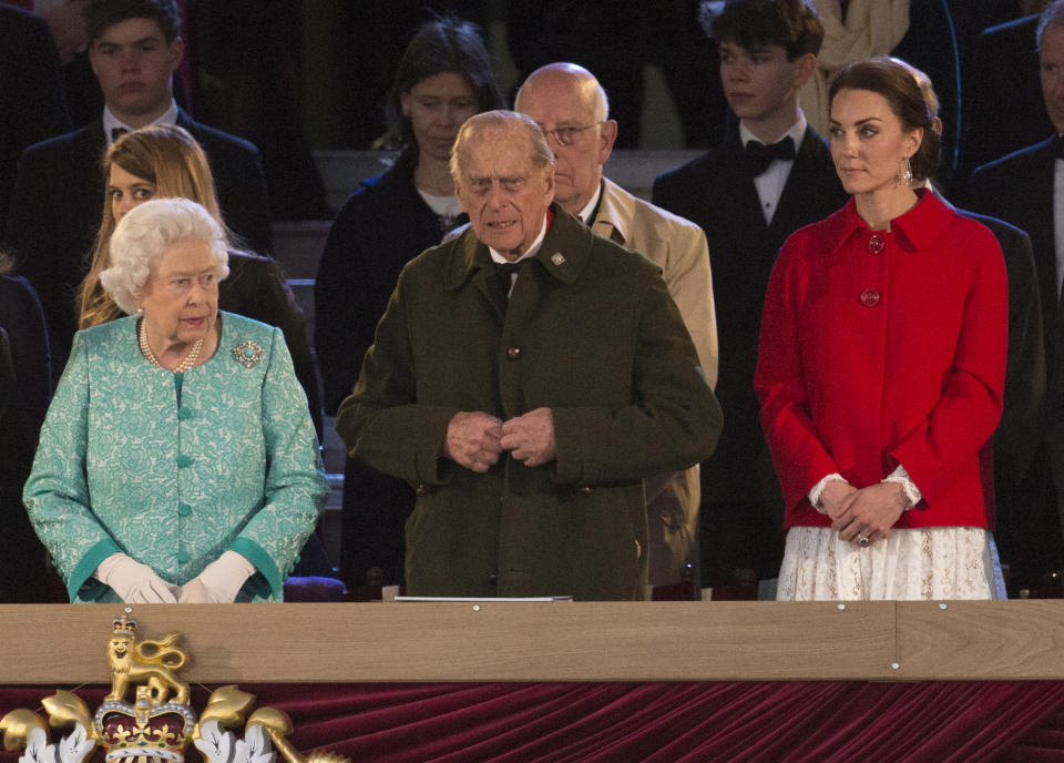 WINDSOR, ENGLAND - MAY 15:  Queen Elizabeth II and Prince Philip, Duke of Edinburgh with Catherine, Duchess of Cambridge at The Queen's 90th Birthday Celebration at The Royal Windsor Horse Show on May 15, 2016 in Windsor, England.  (Photo by Mark Cuthbert/UK Press via Getty Images )