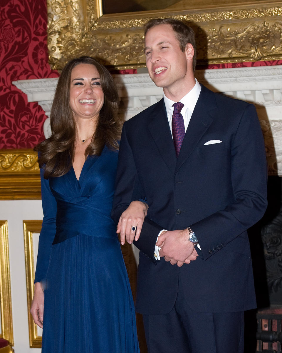 The future Duke and Duchess of Cambridge officially announce their engagement in November 2010. William proposed during a trip to Kenya the month prior with a sapphire and diamond engagement ring that had belonged to his mother, the late Princess Diana.