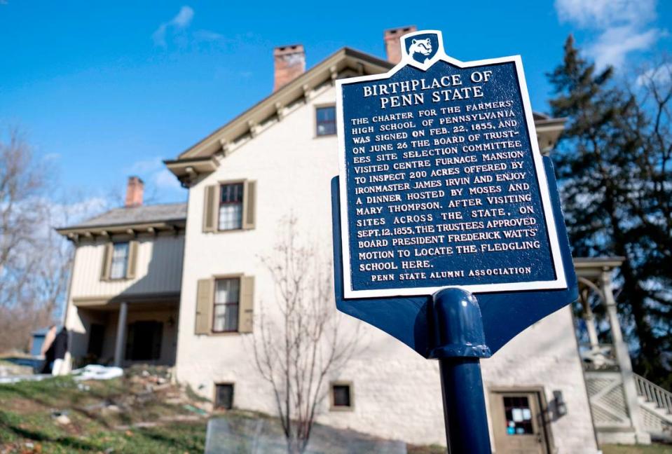 A new sign on the grounds of the Centre Furnace Mansion honors it being the birthplace of Penn State.