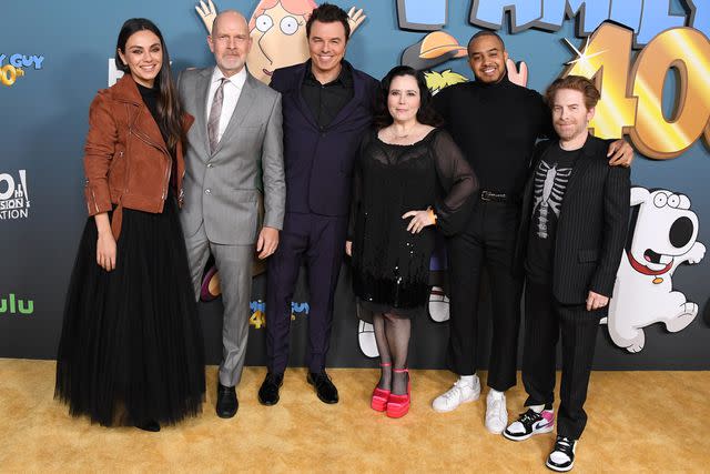 <p>Steve Granitz/FilmMagic</p> (L-R) Mila Kunis, Mike Henry, Seth McFarlane, Alex Borstein, Arif Zahir, and Seth Green are pictured at FOX's "Family Guy" 400th Episode Celebration at Fox Studio Lot on November 12, 2022 in Los Angeles, California.