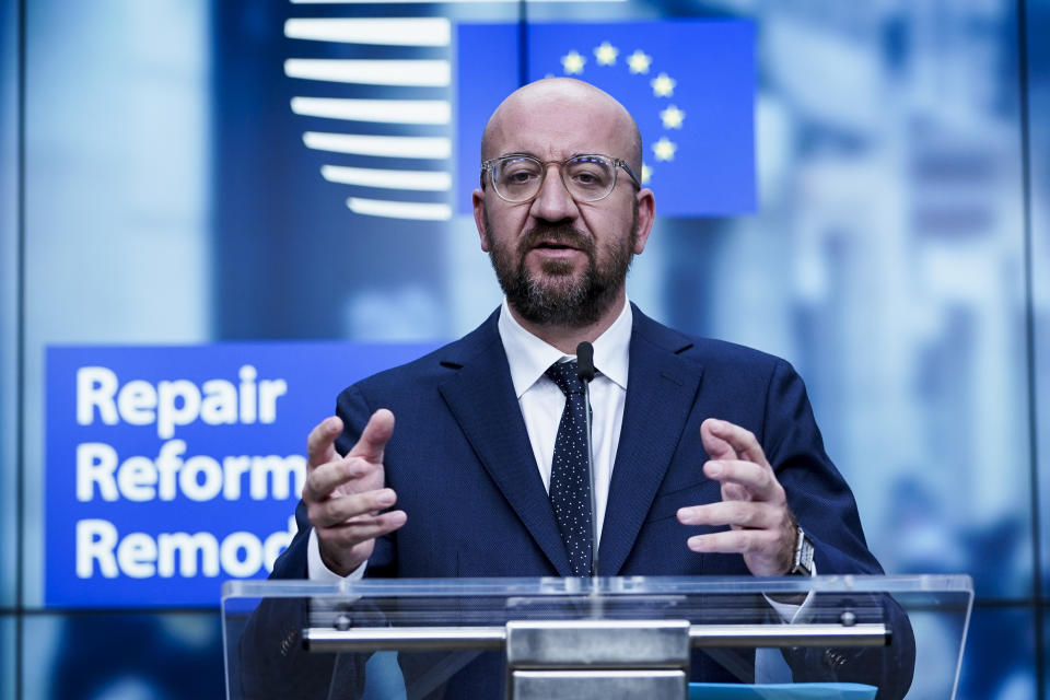 European Council President Charles Michel speaks during a media conference at the European Council building in Brussels, Friday, July 10, 2020. European Council President Charles Michel presented updated proposals for the EU's long-term budget and post-coronavirus recovery plan ahead of a summit next week in Brussels where heads of state and government leaders will try to agree on a compromise. (Kenzo Tribouillard, Pool Photo via AP)