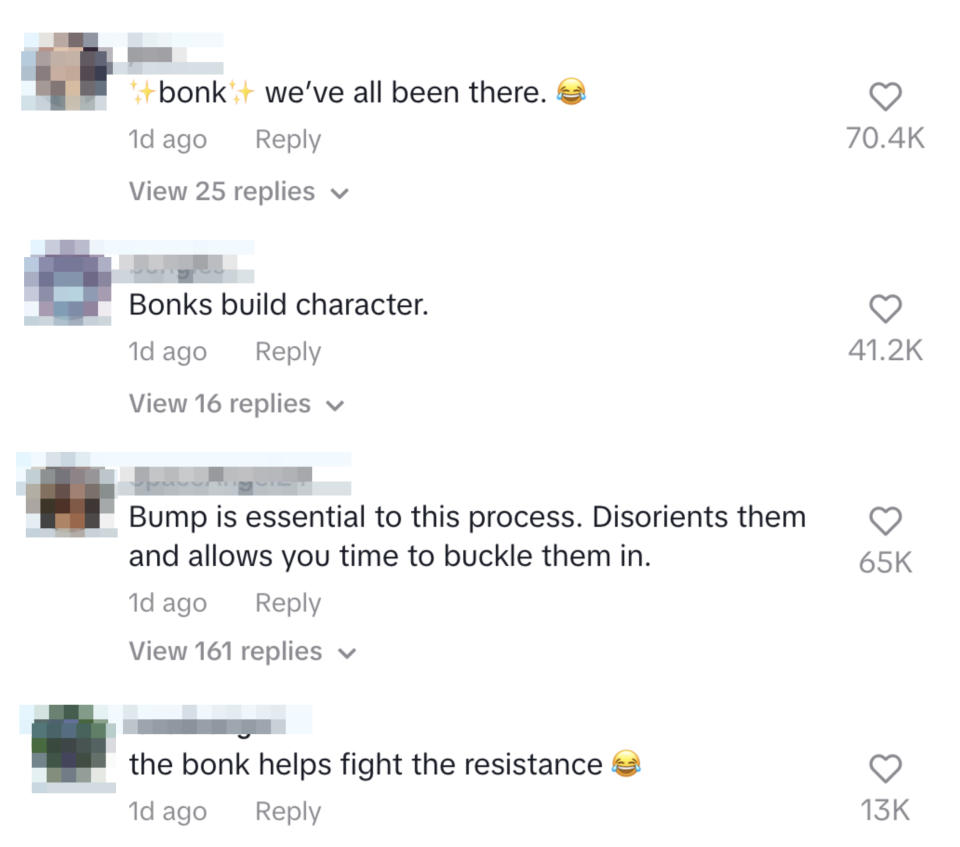 Screenshot of social media comments with emoji reactions, discussing humorous takes on personal growth through challenges, like "Bonks build character" and "the bonk helps fight the resistance"