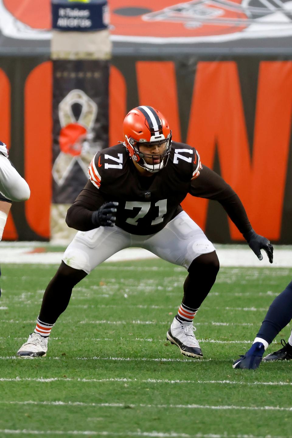 Cleveland Browns offensive tackle Jedrick Wills Jr. (71) looks to make a block during an NFL football game against the Houston Texans, Sunday, Nov. 15, 2020, in Cleveland.