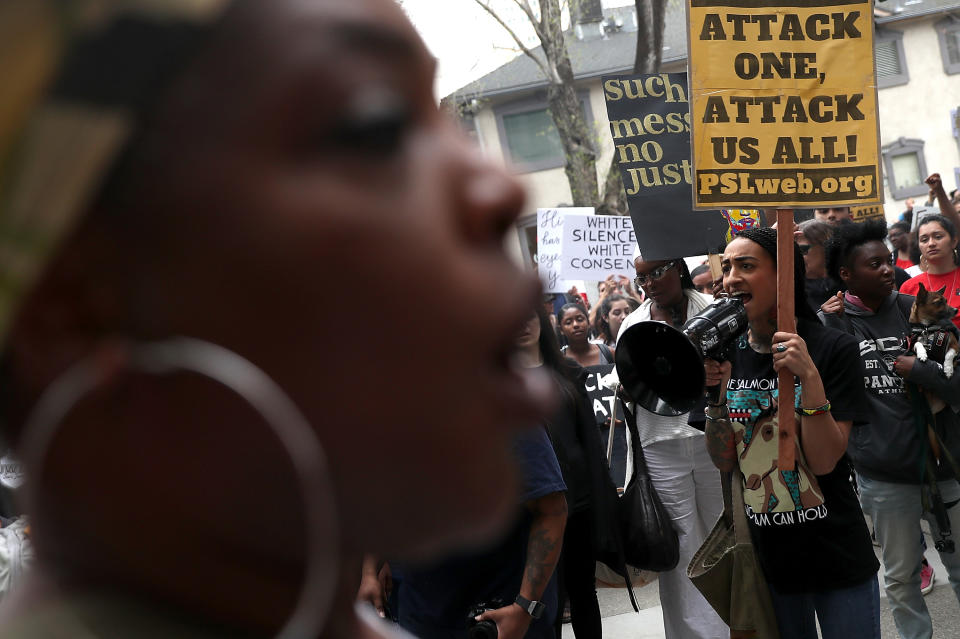 <p>Black Lives Matter protesters stage a demonstration in front of the offices of Sacramento district attorney Anne Marie Schubert on April 4, 2018 in Sacramento, Calif. (Photo: Justin Sullivan/Getty Images) </p>