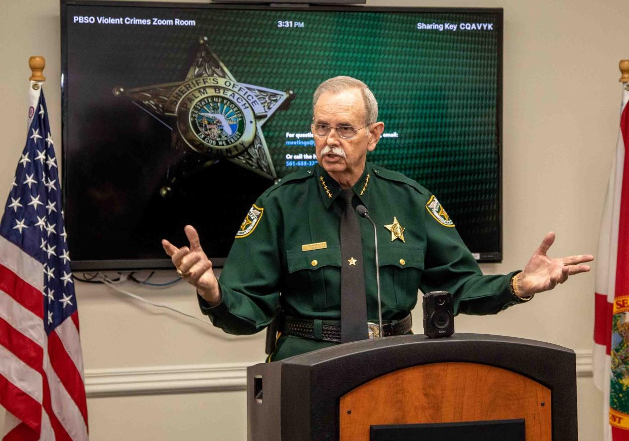 Palm Beach County Sheriff Ric Bradshaw is shown during a press conference on Feb. 16, 2023. The investigation that brought charges against 14 people for $20 million worth of theft spanned many counties, including Palm Beach.