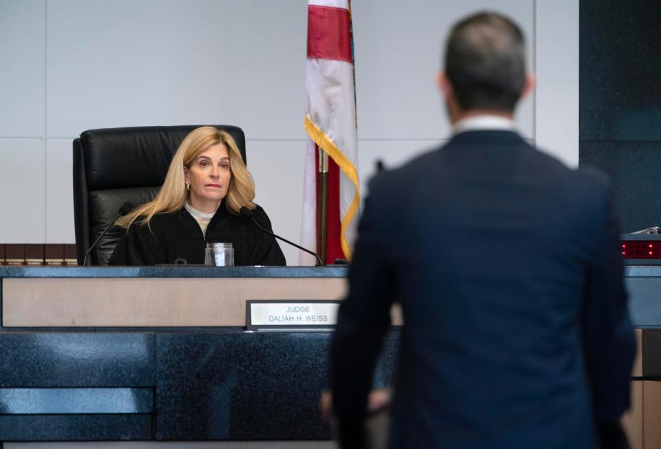Judge Daliah H. Weiss listens to a state's attorney during the trial of Jorge Dupre Lachazo trial who is charged in the murder of a Boca Raton woman.