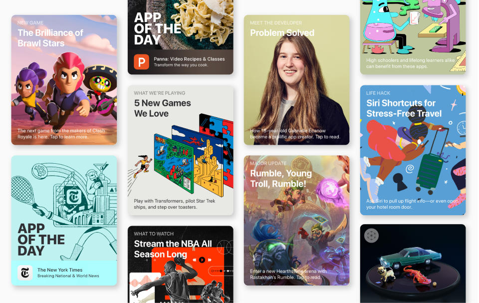 Examples of App Store cards showcasing different apps and content