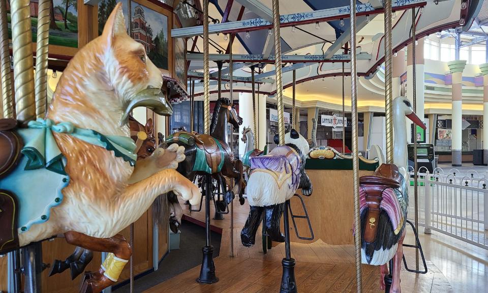 The carousel is seen in the mostly empty food court at the former Chapel Hill Mall in Akron on March 3, 2021.