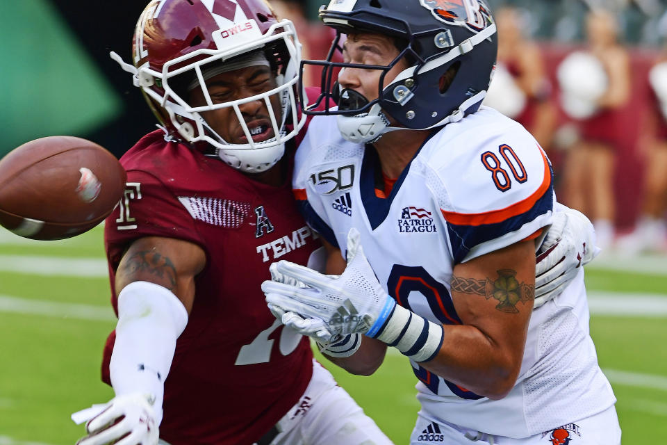 FILE - Bucknell wide receiver Connor Holmes (80) has a pass batted down by Temple safety DaeSean Winston (16) during the fourth quarter of an NCAA football game at Lincoln Financial Field in Philadelphia, in this Saturday, Aug. 31, 2019, file photo. Winston could end up as a big contributor in that group as he takes on an expanded role after working as a reserve in 2018 and 2019. (AP Photo/Corey Perrine, File)