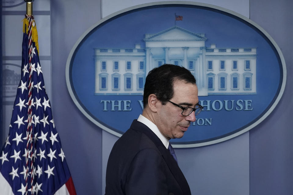 WASHINGTON, DC - MARCH 25: U.S. Treasury Secretary Steven Mnuchin arrives for a briefing on the coronavirus pandemic, in the press briefing room of the White House on March 25, 2020 in Washington, DC. The United States Senate continues to work on a $2 trillion aide package to combat the health and economic effects of the COVID-19 pandemic. (Photo by Drew Angerer/Getty Images)