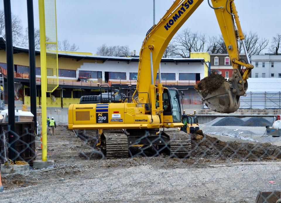 A construction crew works on the infield at Meritus Park in downtown Hagerstown on Tuesday, March 5, 2024.