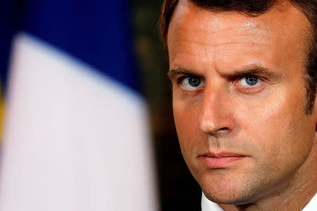 FILE PHOTO: French President Emmanuel Macron attends a joint statement with Dutch Prime Minister Mark Rutte (not pictured) at the Elysee Palace in Paris, France, August 31, 2017. REUTERS/Philippe Wojazer/File Photo