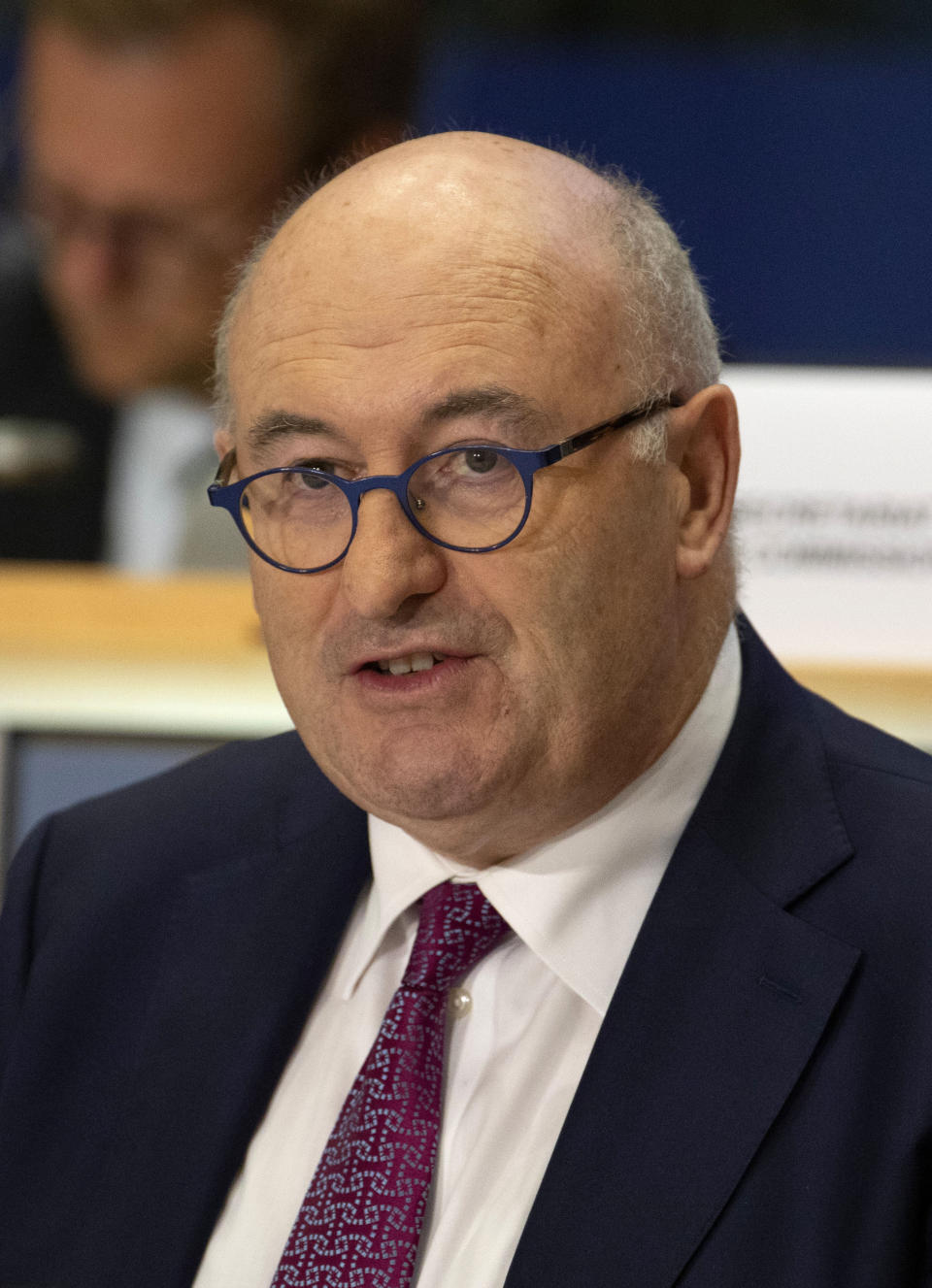 European Commissioner designate for Trade Phil Hogan makes his opening statement during his hearing at the European Parliament in Brussels, Monday, Sept. 30, 2019. (AP Photo/Virginia Mayo)