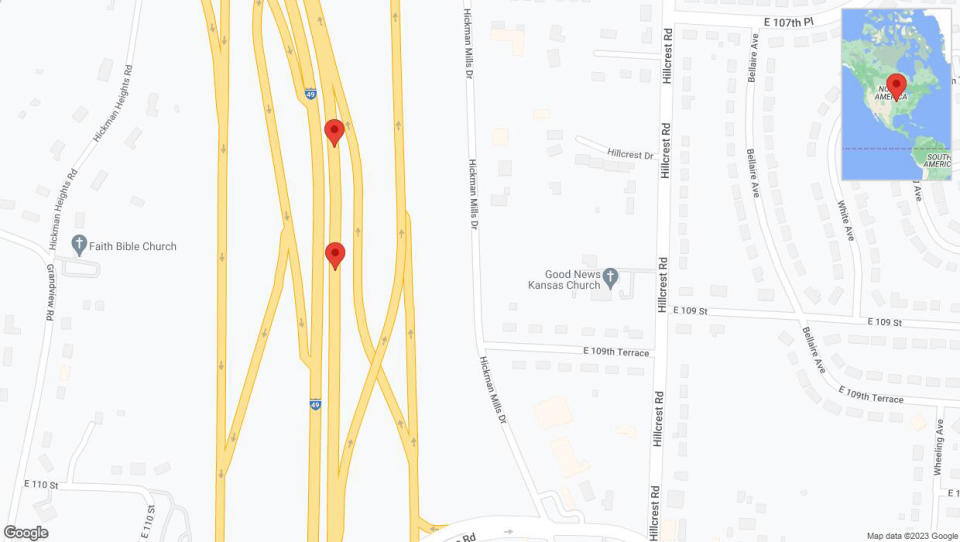 A detailed map that shows the affected road due to 'Broken down vehicle on northbound I-40/US-71 in Kansas City' on December 22nd at 4:35 p.m.