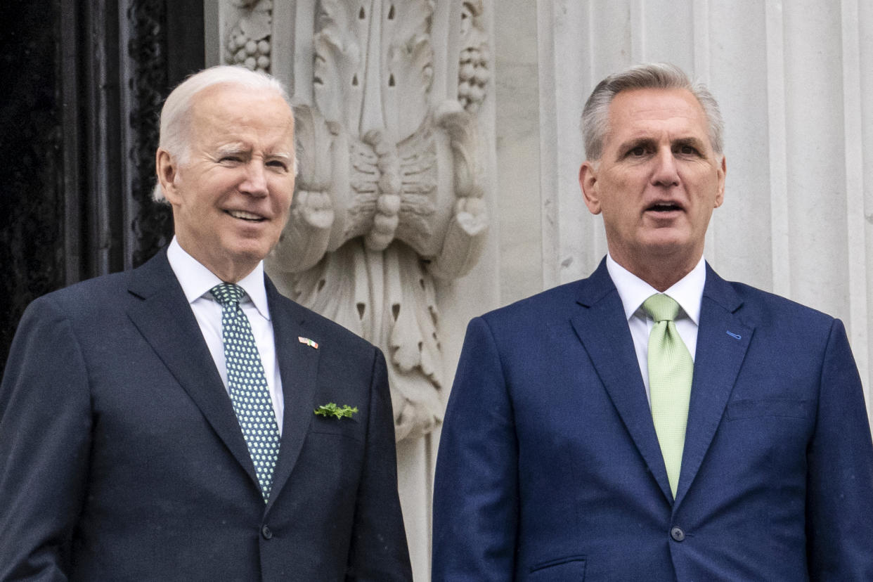 President Joe Biden and House Speaker Kevin McCarthy, R-Calif., in Washington on March 17, 2023. (J. Scott Applewhite / AP file)