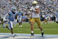 Notre Dame tight end Michael Mayer (87) goes past North Carolina defensive back DeAndre Boykins (16) for a touchdown during the first half of an NCAA college football game in Chapel Hill, N.C., Saturday, Sept. 24, 2022 (AP Photo/Chris Seward)