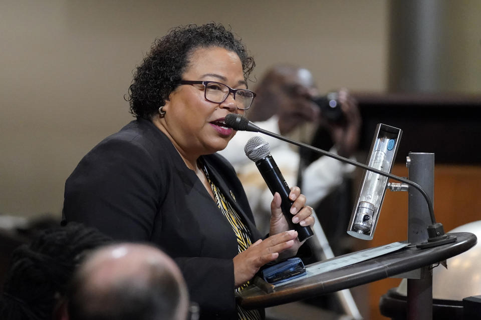 Assemblymember Mia Bonta speaks during a meeting by the Task Force to Study and Develop Reparation Proposals for African Americans in Oakland, Calif., Wednesday, Dec. 14, 2022. (AP Photo/Jeff Chiu)