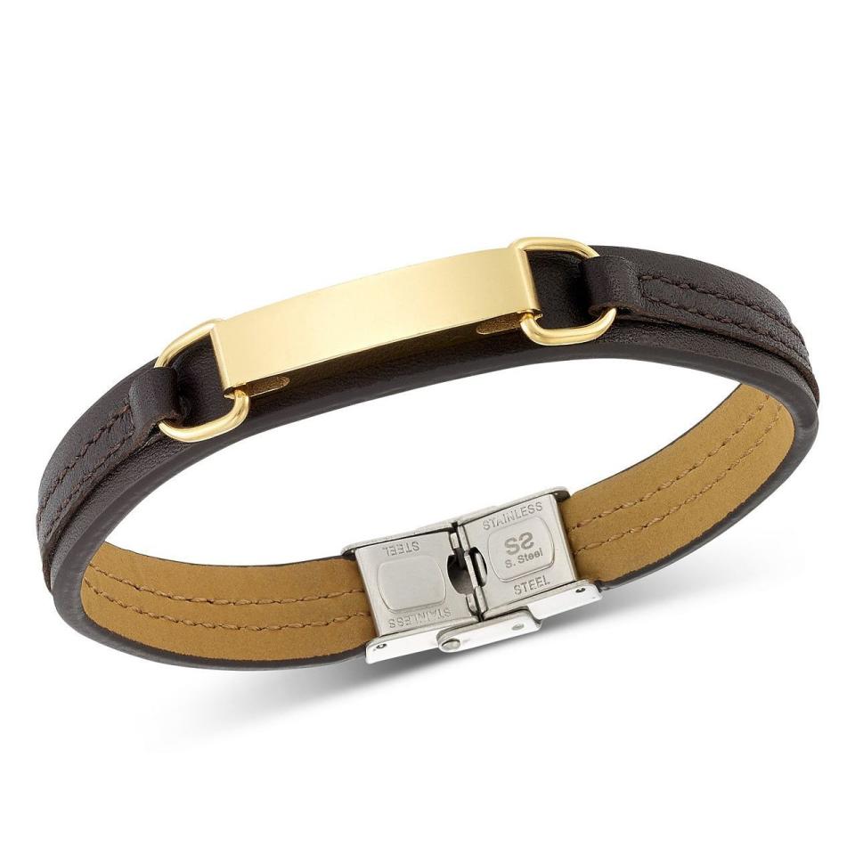 35) ID Plate Brown Leather Bracelet in Stainless Steel Yellow Ion-Plate