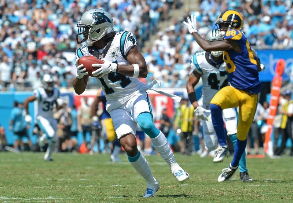 Carolina Panthers wide receiver and punt returner Ray-Ray McCloud, left, turns to break upfield after catching a Los Angeles Rams punt during action on Sunday, September 8, 2019 at Bank of America Stadium. The Los Angeles Rams defeated the Panthers 30-27. Jeff Siner/jsiner@charlotteobserver.com