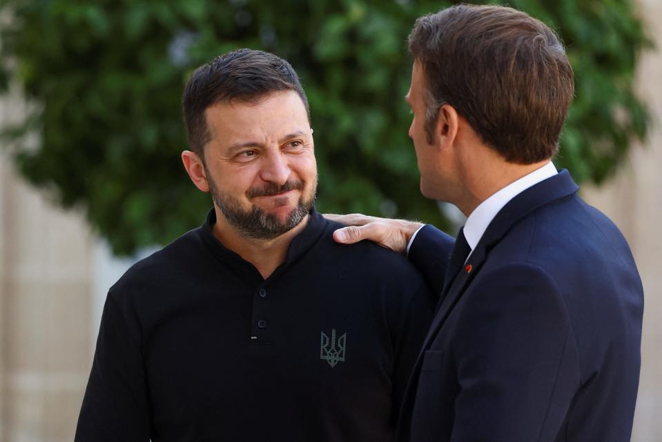 French President Emmanuel Macron meets Ukrainian President Volodymyr Zelenskyy at the Elysee Palace in Paris on June 7, 2024.