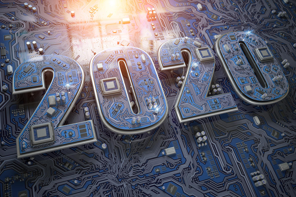 2020 on circuit board or motherboard with cpu. Computer technology and internet commucations digital concept background. Happy new 2020 year. 3d illustration