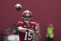 Indiana quarterback Brendan Sorsby throws during the first half of an NCAA college football game against Ohio State, Saturday, Sept. 2, 2023, in Bloomington, Ind. (AP Photo/Darron Cummings)