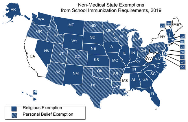 Five states have no vaccine exemptions. (Map: National Conference of State Legislatures)