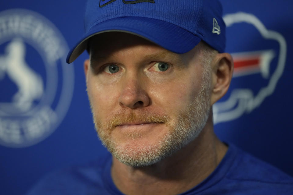 Buffalo Bills head coach Sean McDermott listened to a question during a post game news conference at the end of an NFL football game against the Miami Dolphins, Sunday, Sept. 25, 2022, in Miami Gardens. The Dolphins defeated the Bills 21-19. (AP Photo/Rebecca Blackwell)