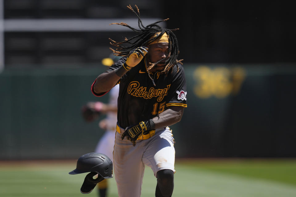 Pittsburgh Pirates' Oneil Cruz runs to third base during the fourth inning of a baseball game against the Oakland Athletics in Oakland, Calif., Wednesday, May 1, 2024. (AP Photo/Jeff Chiu)