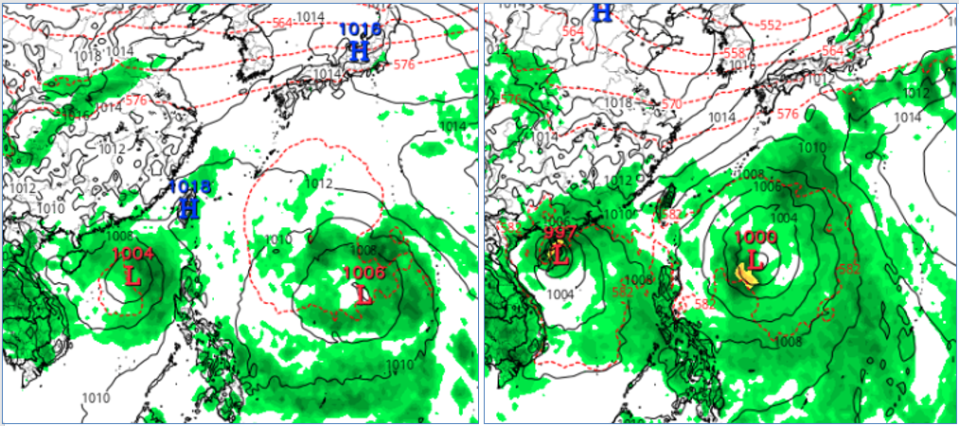 最新（23日20時）歐洲（ECMWF）模式模擬「中秋連假」〔29日20時（左圖）及1日20時（右圖）天氣圖顯示，南海及菲律賓東方海面各有熱帶擾動發展；北部海面有雨區，伴隨熱帶擾動向台灣輸送的水氣。（圖擷自tropical tidbits）