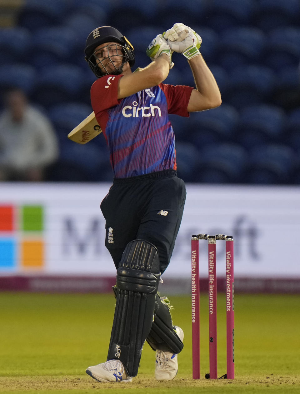 England's Jos Buttler hits the winning run during the T20 international cricket match between England and Sri Lanka at Cardiff, Wales, Wednesday, June 23, 2021. (AP Photo/Alastair Grant)