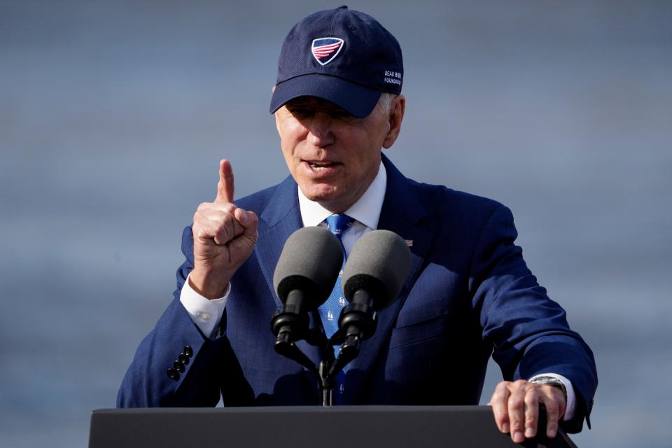 President Joe Biden speaks in Covington in January about the bipartisan infrastructure law that will fund changes to the Brent Spence Bridge.