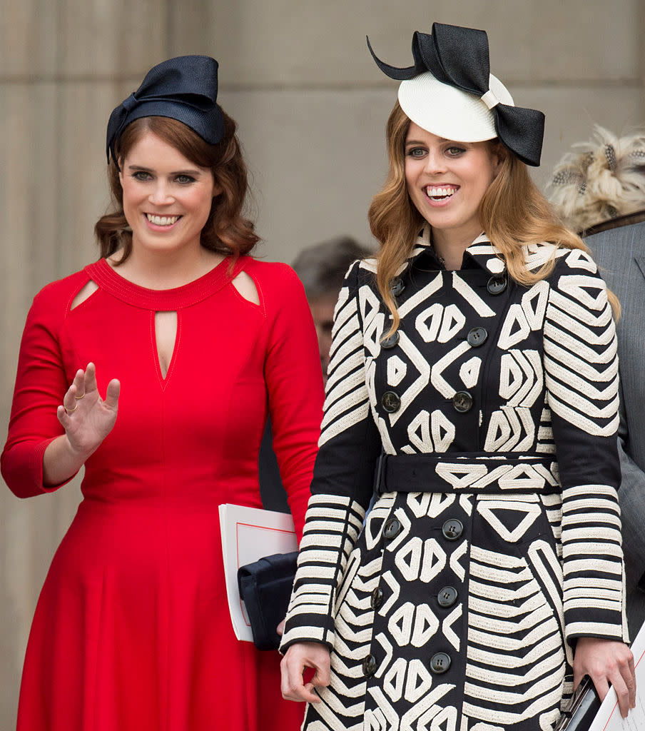 JUNE 10:  Princess Beatrice and Princess Eugenie attend a National Service of Thanksgiving in 2016. 