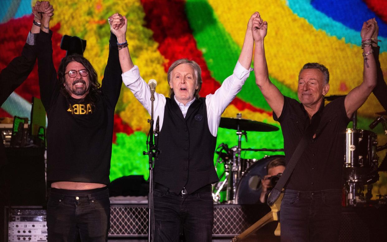 Dave Grohl, Sir Paul McCartney and Bruce Springsteen on stage at Glastonbury on Saturday - Harry Durrant/Getty Images