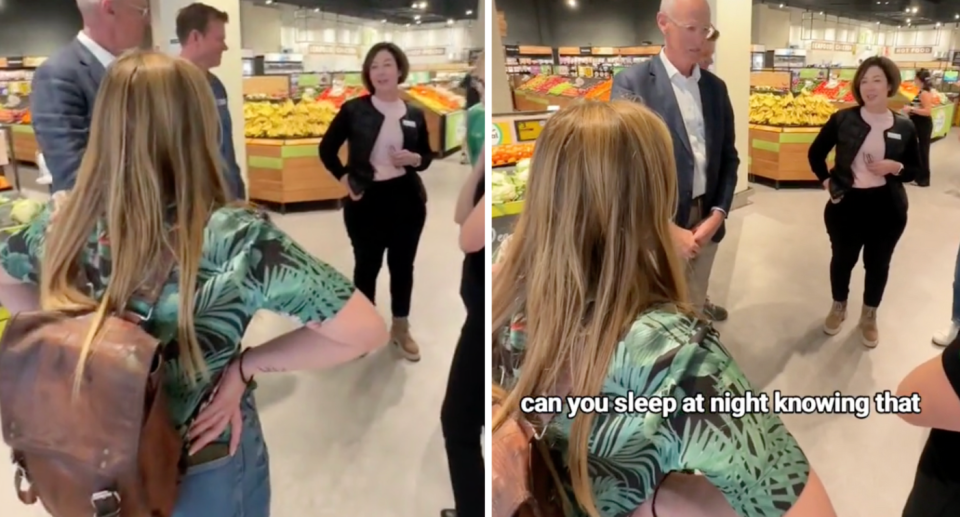 Woman confronting Woolworths CEO Amanda Bardwell